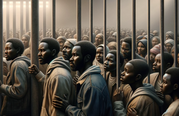 DALL·E 2023-11-19 07.53.12 - A realistic and empathetic image depicting the legal and social consequences of clandestine immigration, focusing on Black individuals. The scene shou